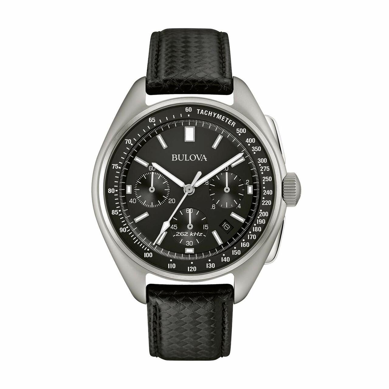 Bulova wristwatch with a black leather strap and silver-toned case featuring a black chronograph dial.