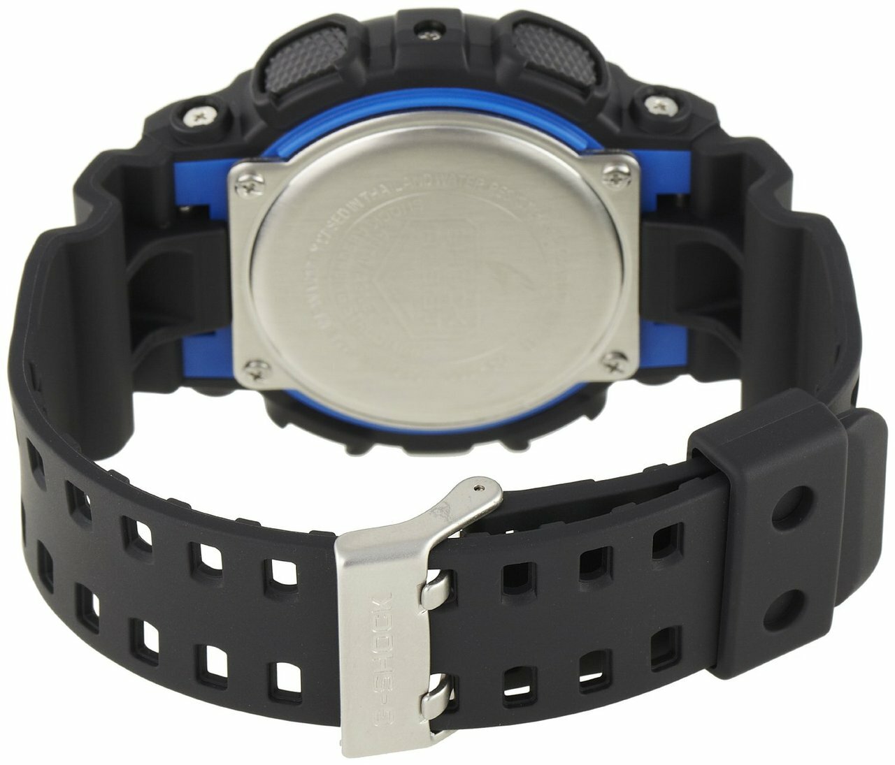 Digital sports watch with a black rubber strap and blue accents.