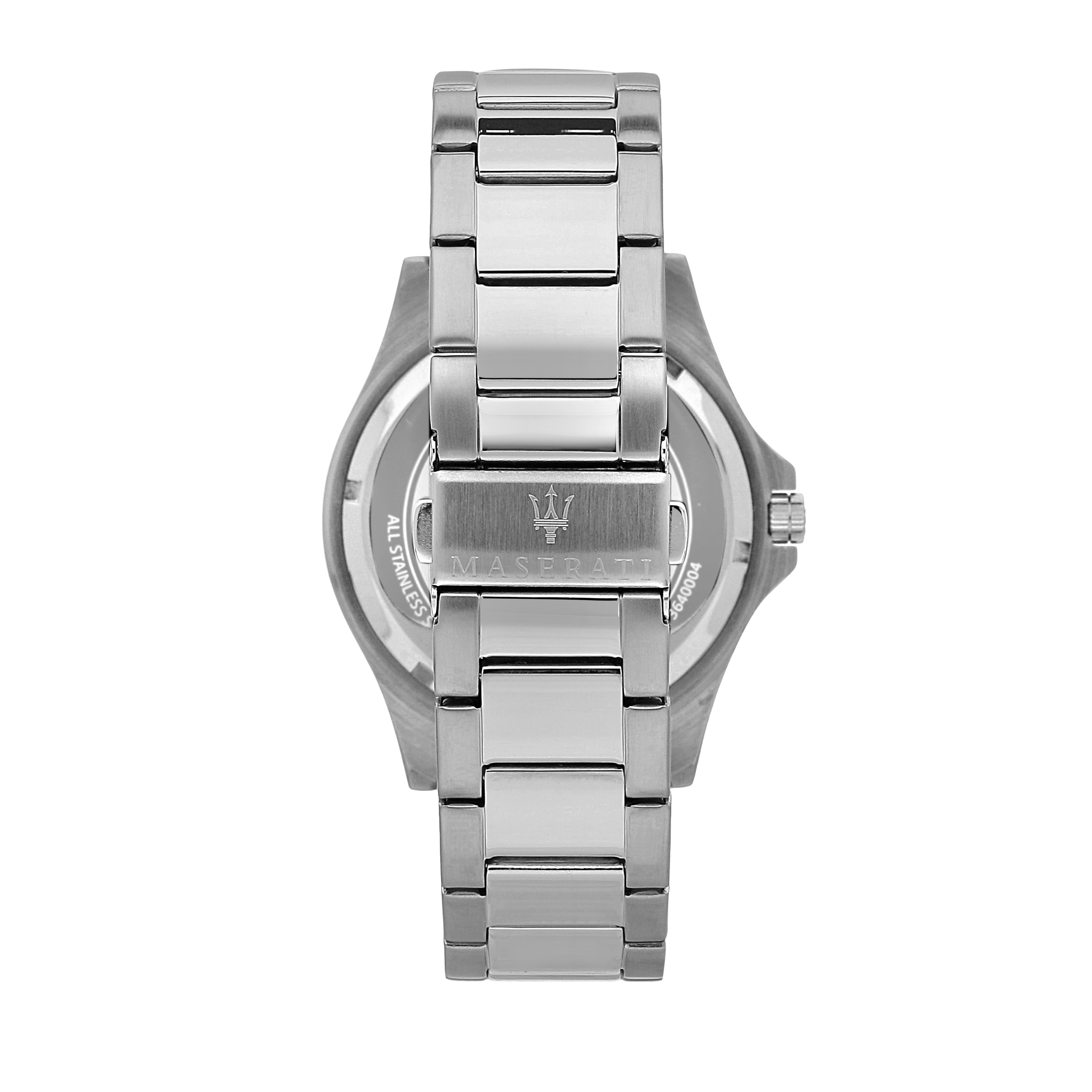 Stainless steel wristwatch with a metal bracelet band, viewed from the back.