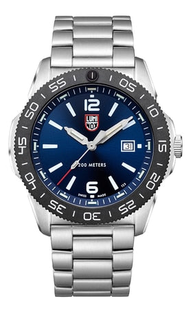 Stainless steel dive watch with a blue dial and black bezel.