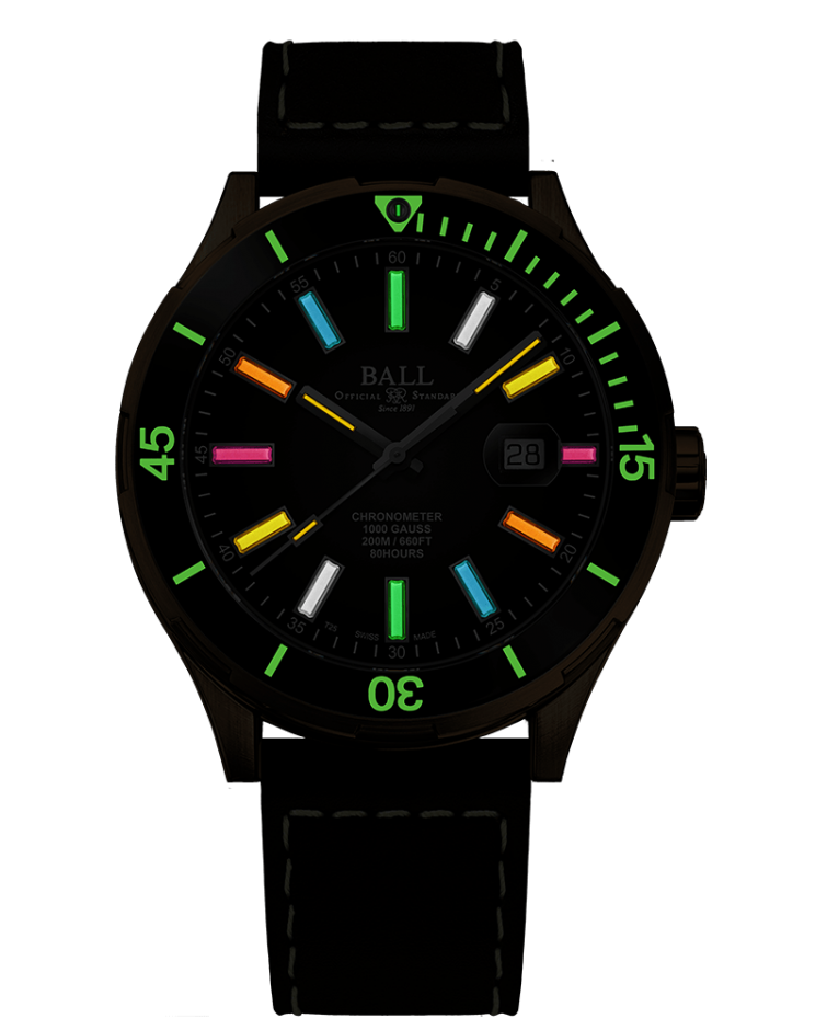 Colorful analog wristwatch with a black case and strap.