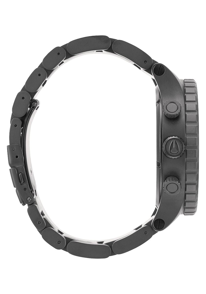 Sleek black wristwatch with a metal band and multiple buttons on the side.