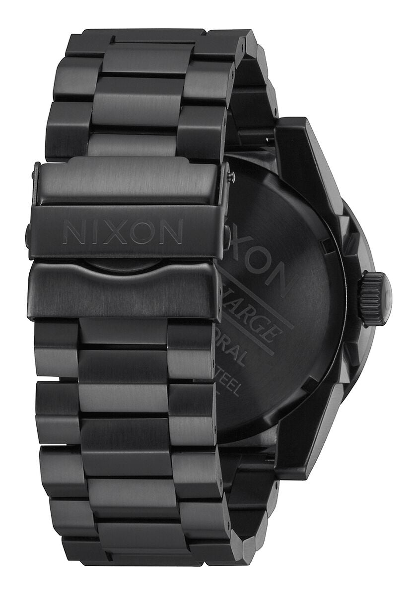 Black metal wristwatch with a chunky bracelet-style band.