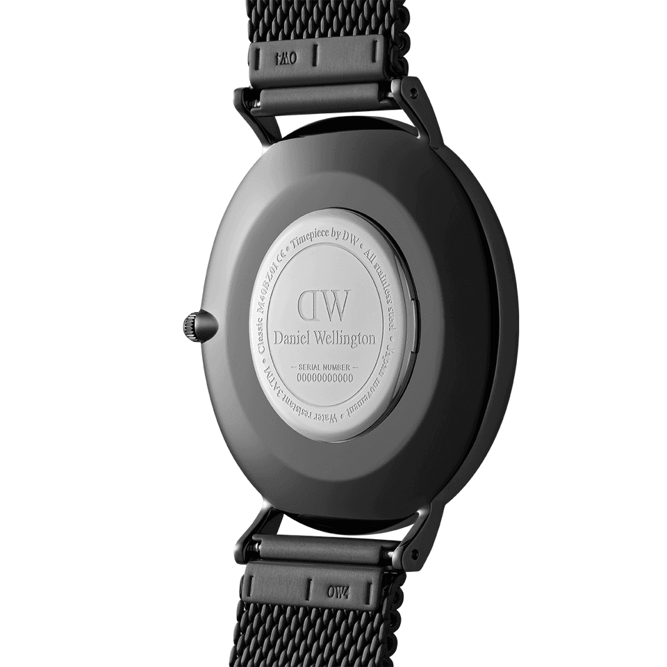 Back of a black wristwatch with a mesh band and circular case.