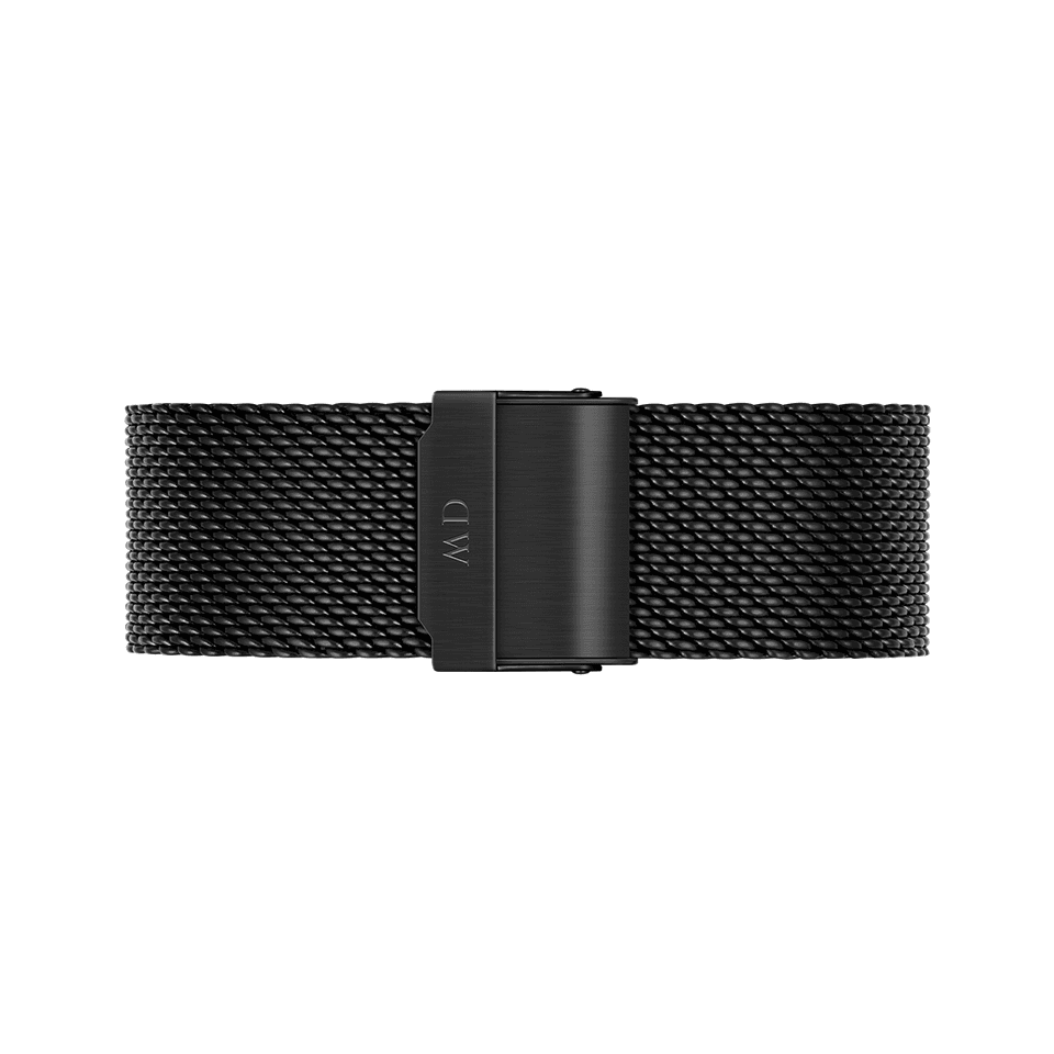 Black metal mesh watch band with a sleek clasp.