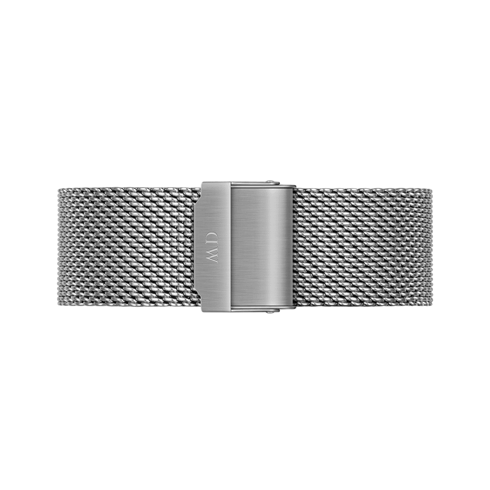 Silver mesh watch strap with a clasp.
