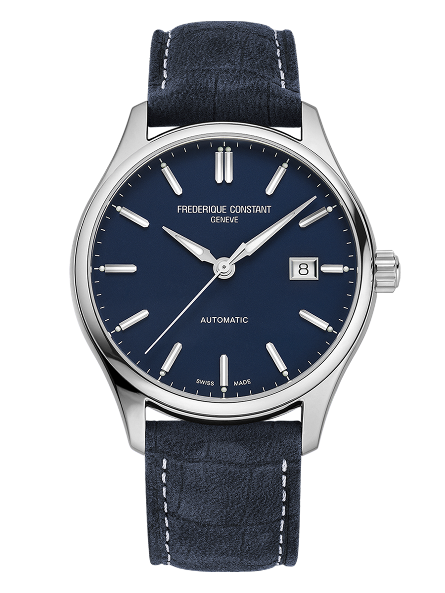 Elegant wristwatch with a blue dial and black leather strap.
