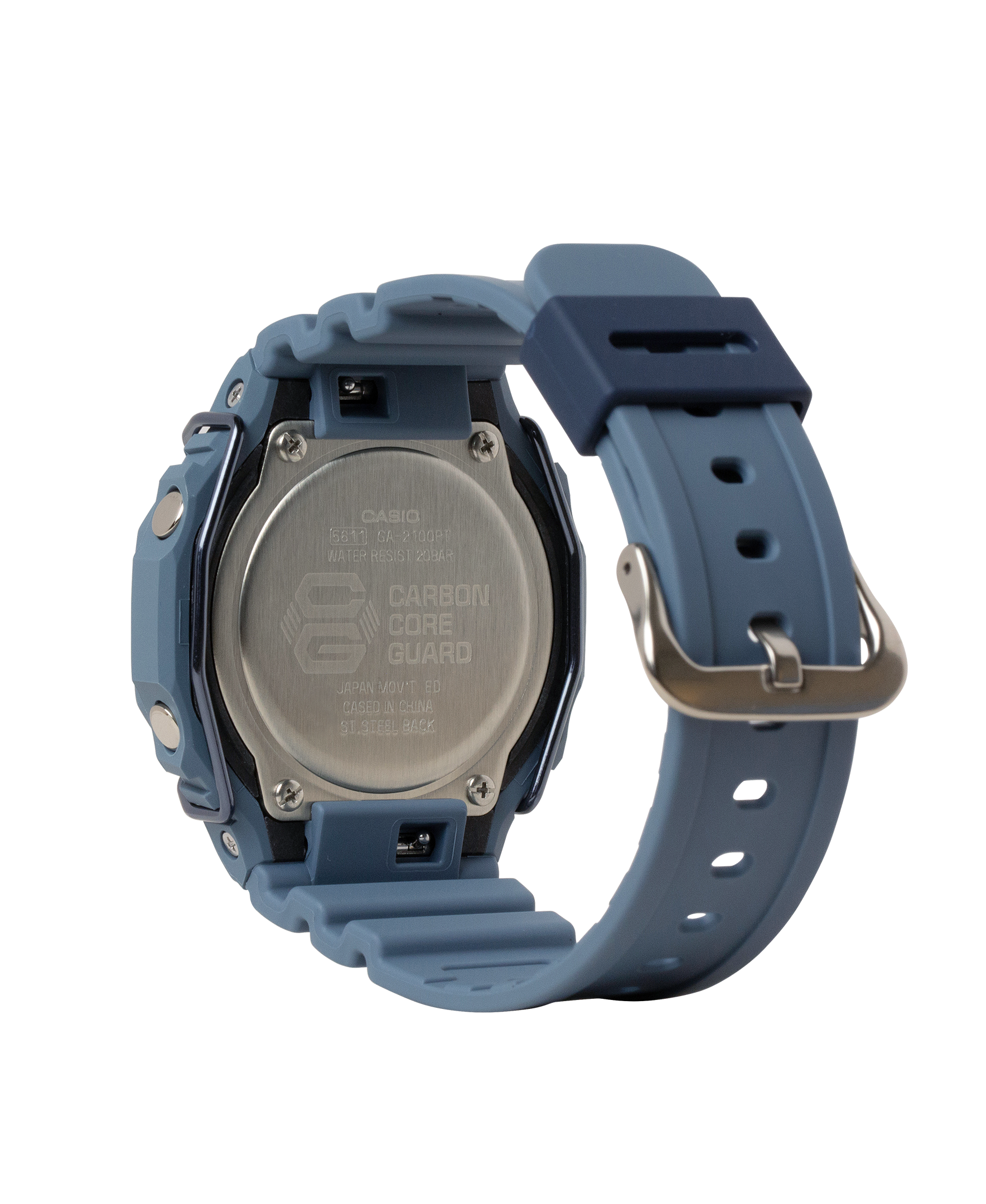 Blue digital wristwatch with a rubber strap.