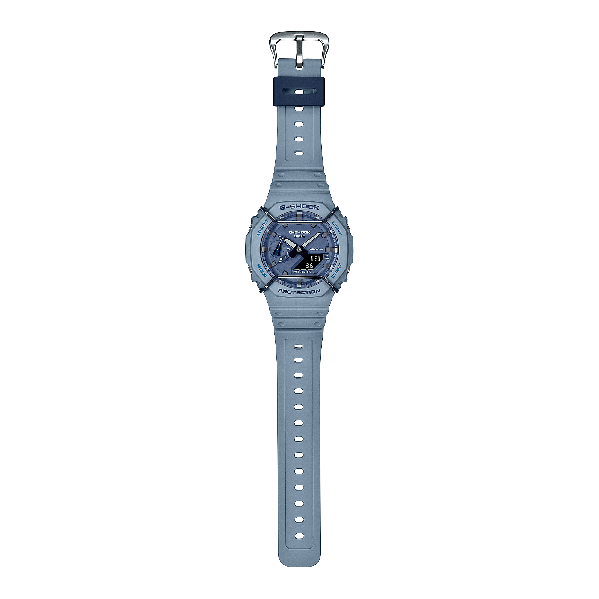 Blue-gray digital wristwatch with a round face and multiple display features.