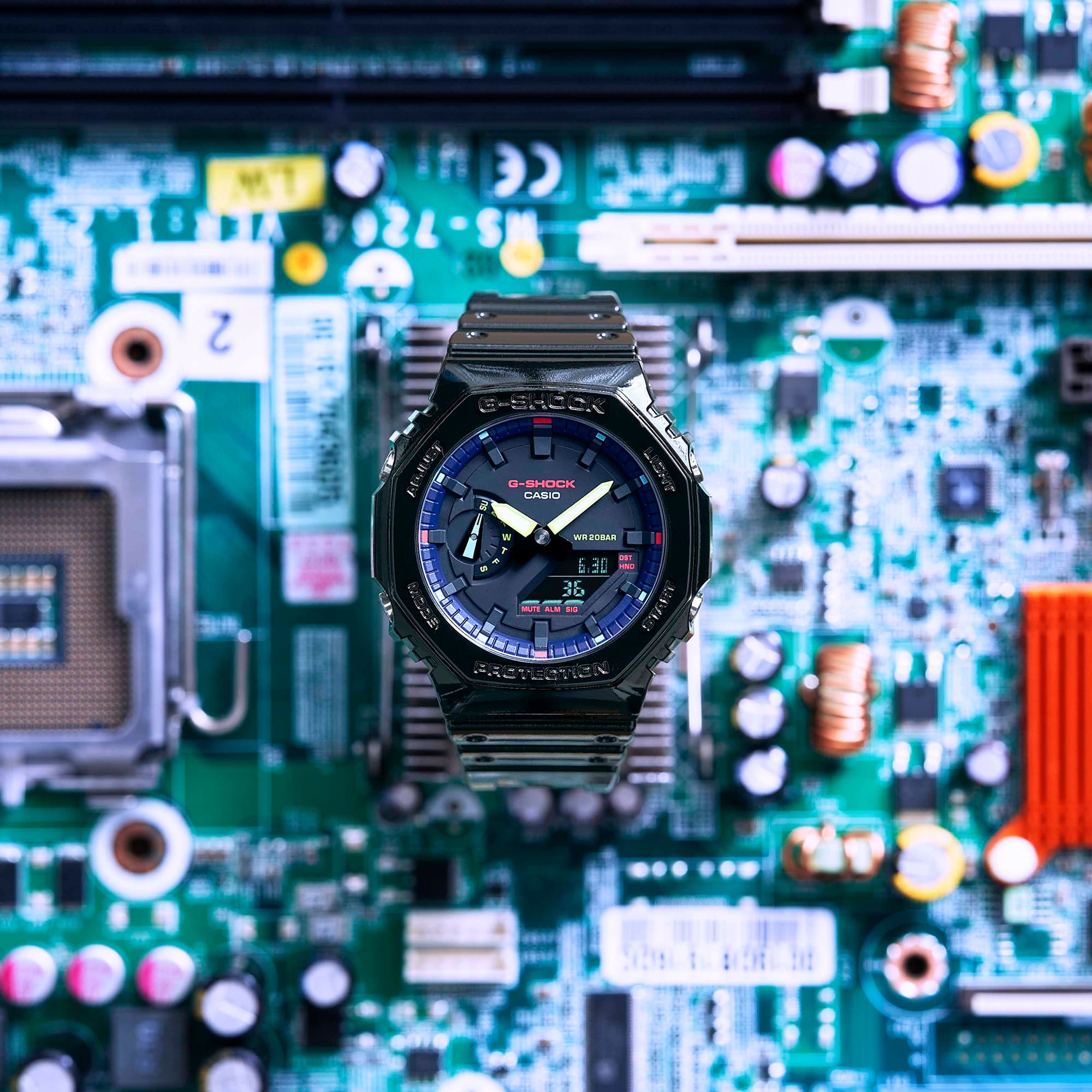 Black digital wristwatch with a blue and red display face.