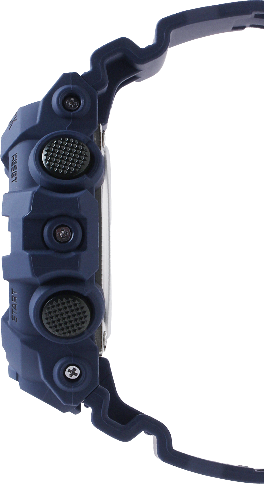 Side view of a rugged blue digital watch with multiple buttons and sensors visible.