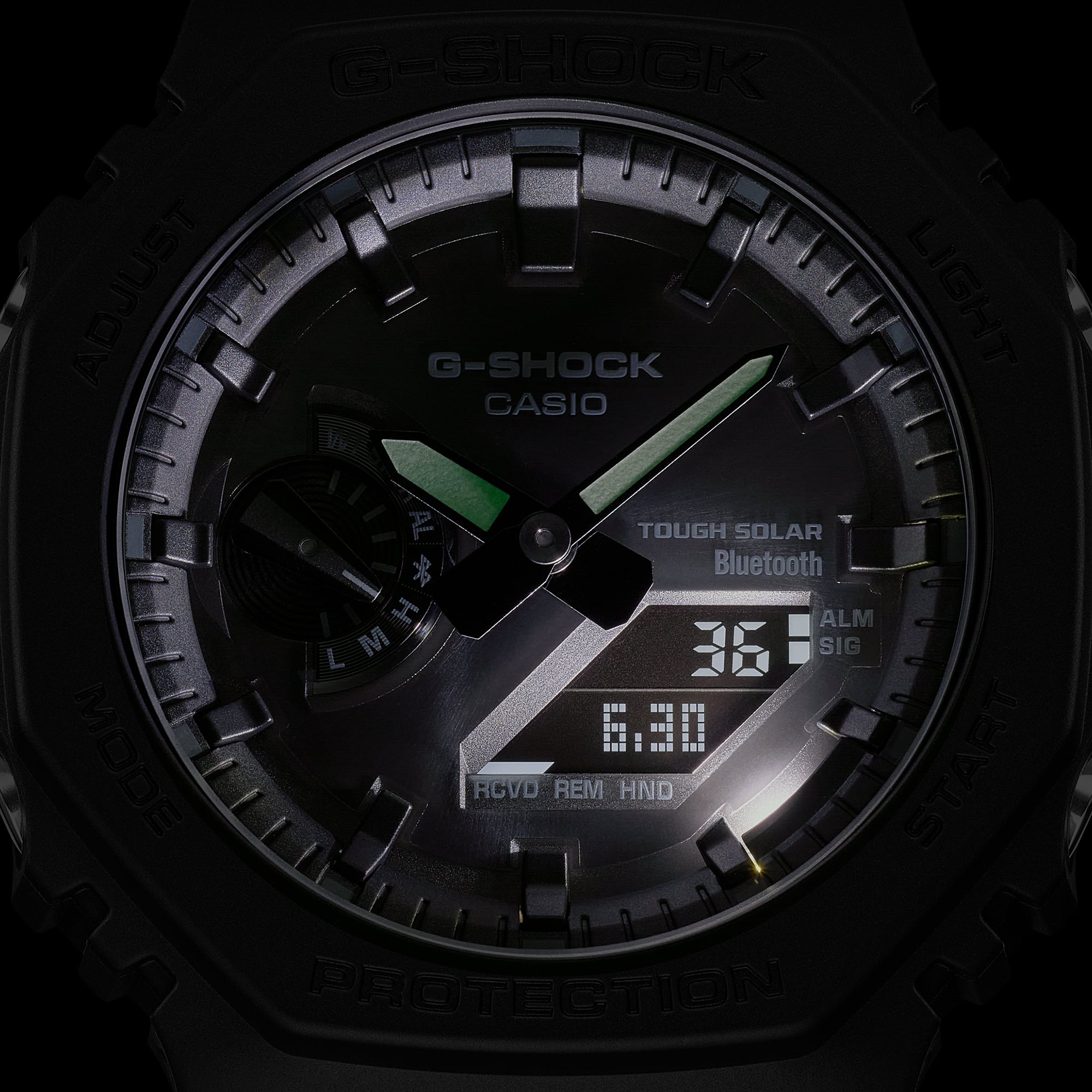 G-Shock Casio watch face with analog and digital displays showing time and other information.