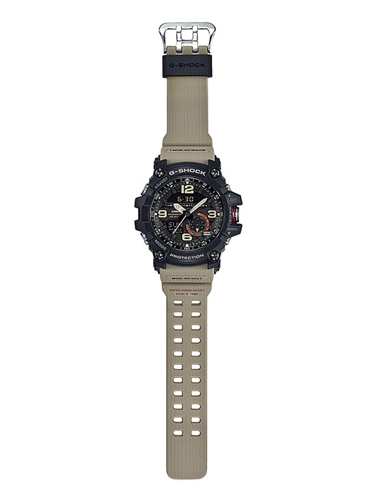 Rugged sports watch with a black face and tan strap.