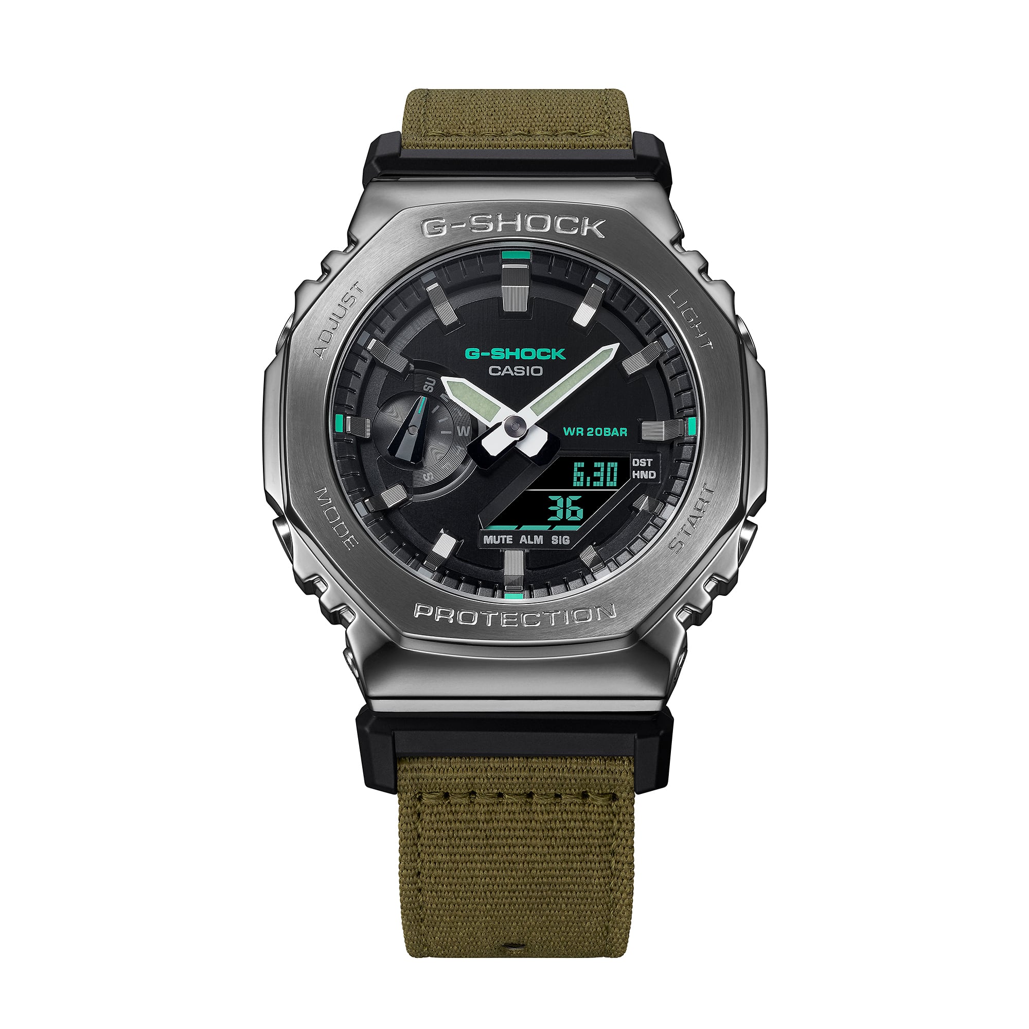 G-Shock watch with a metallic octagonal case and olive green fabric strap.