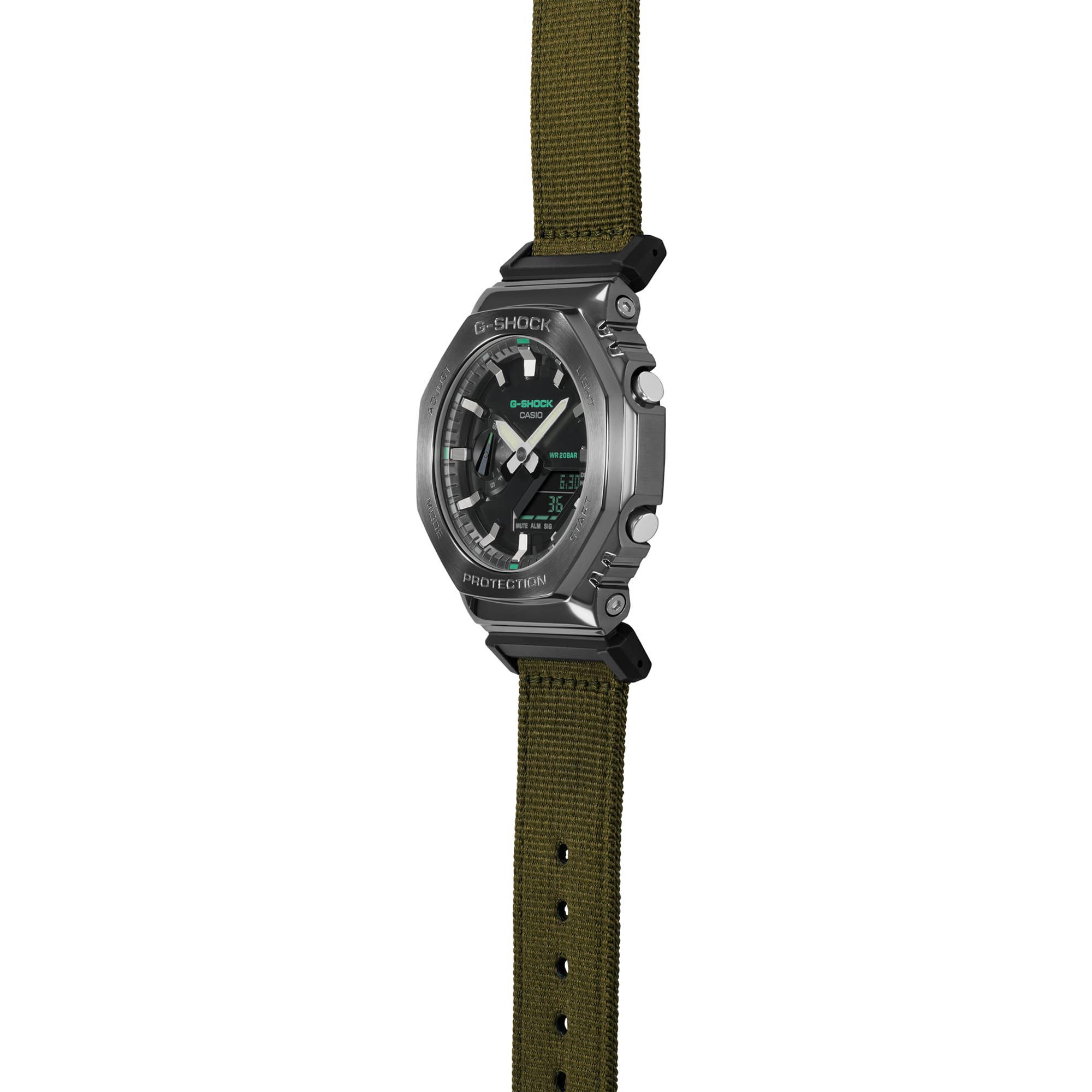 Rugged-looking wristwatch with a green fabric strap and gray metal case.