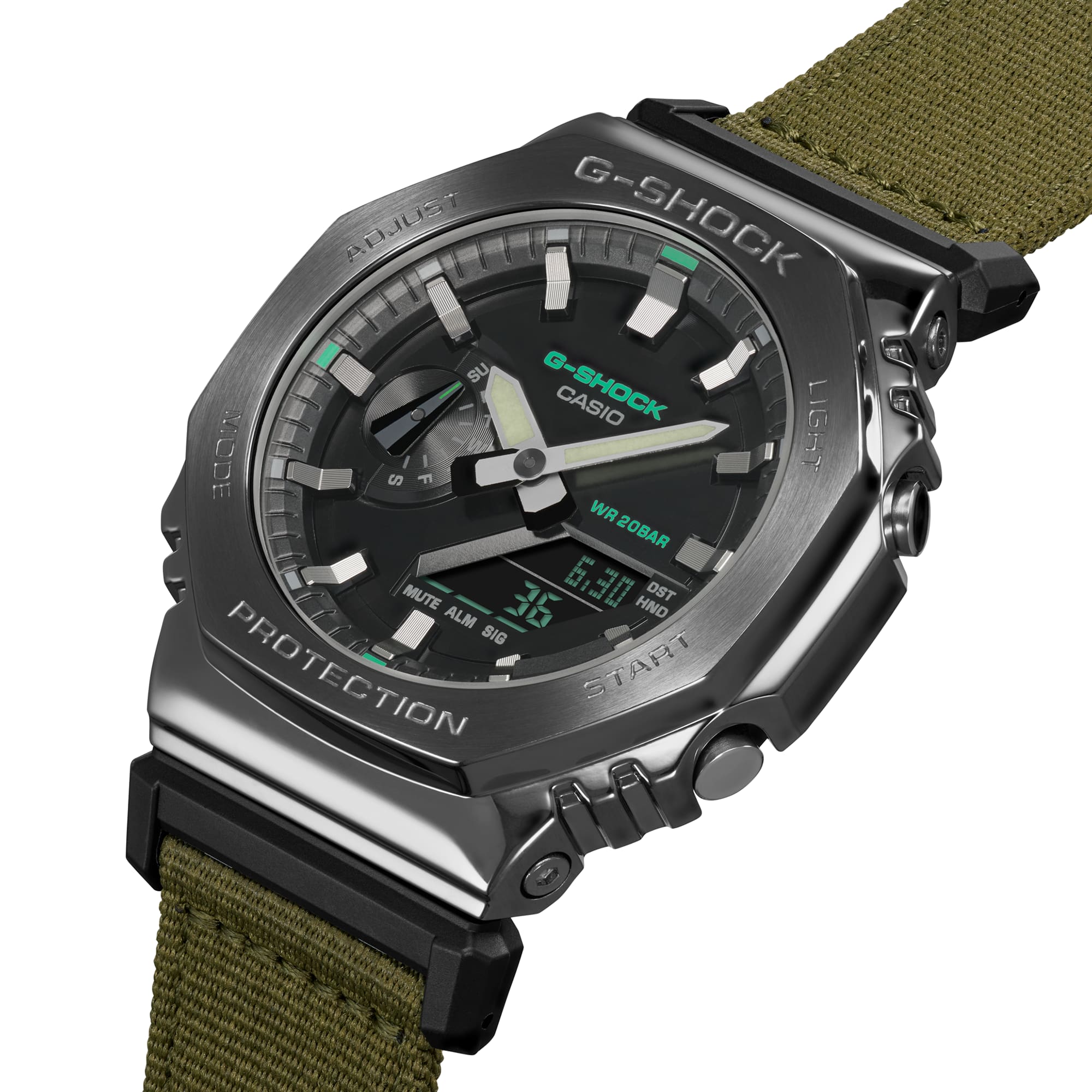 G-Shock watch with a black face and green fabric strap.