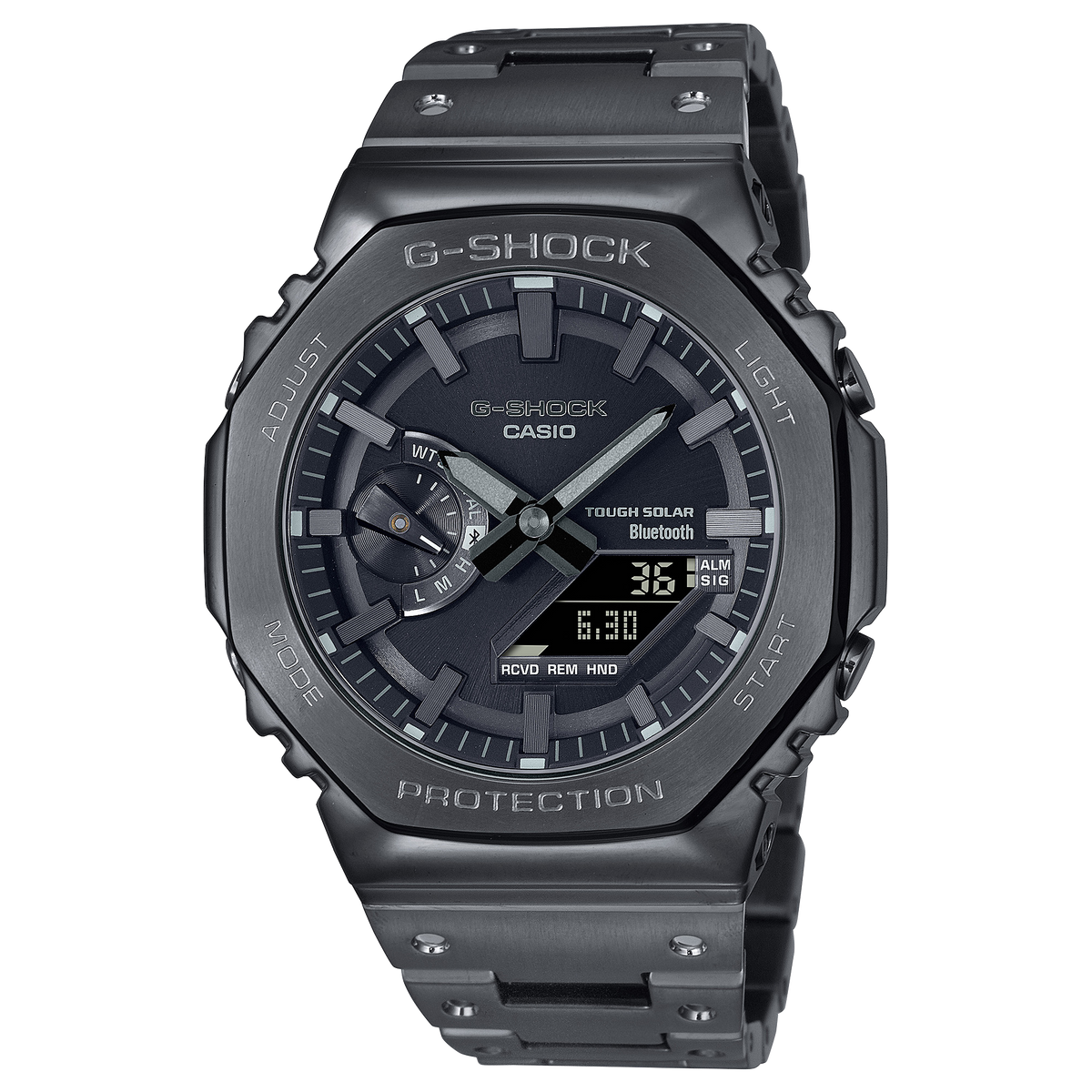 G-Shock watch with a dark gray metallic case and digital-analog display.