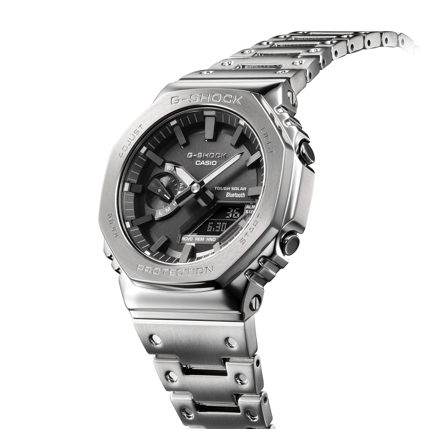 Silver G-Shock wristwatch with a metallic bracelet and dark gray dial.