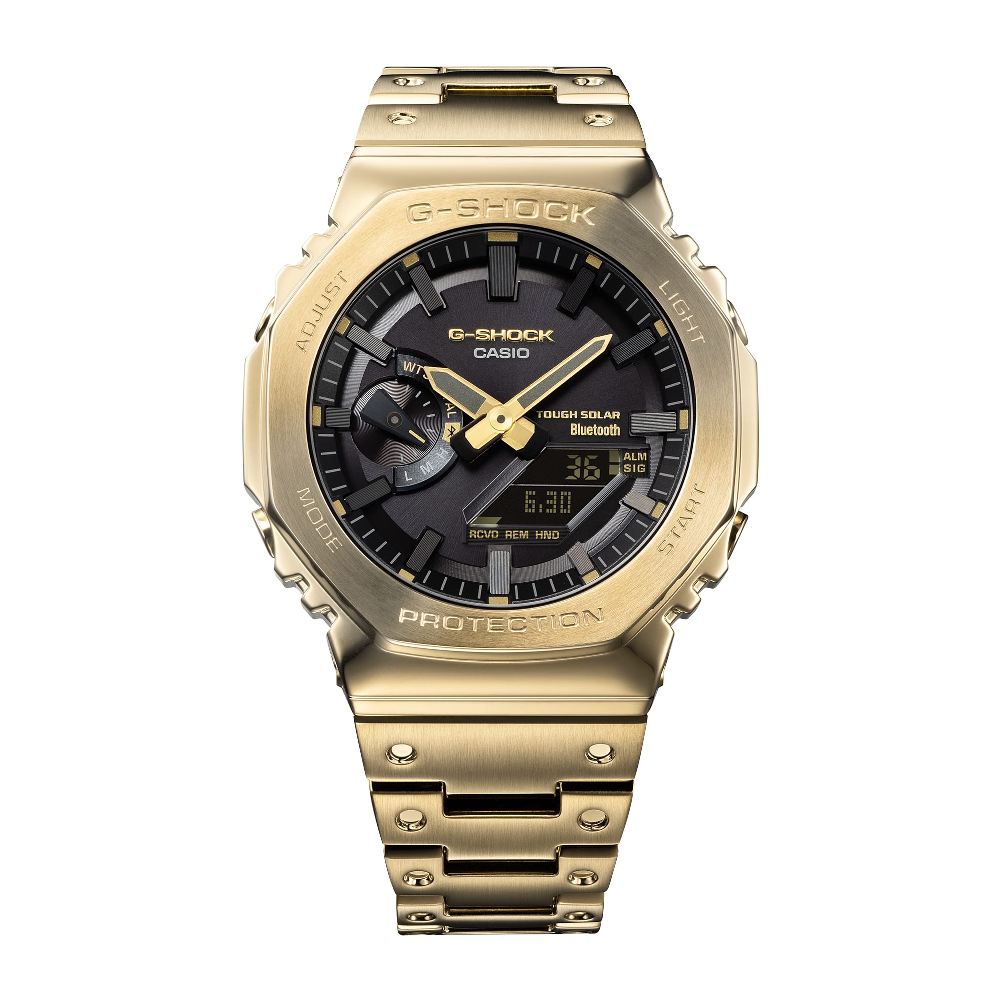 Gold-colored G-Shock digital-analog wristwatch with a metallic bracelet.