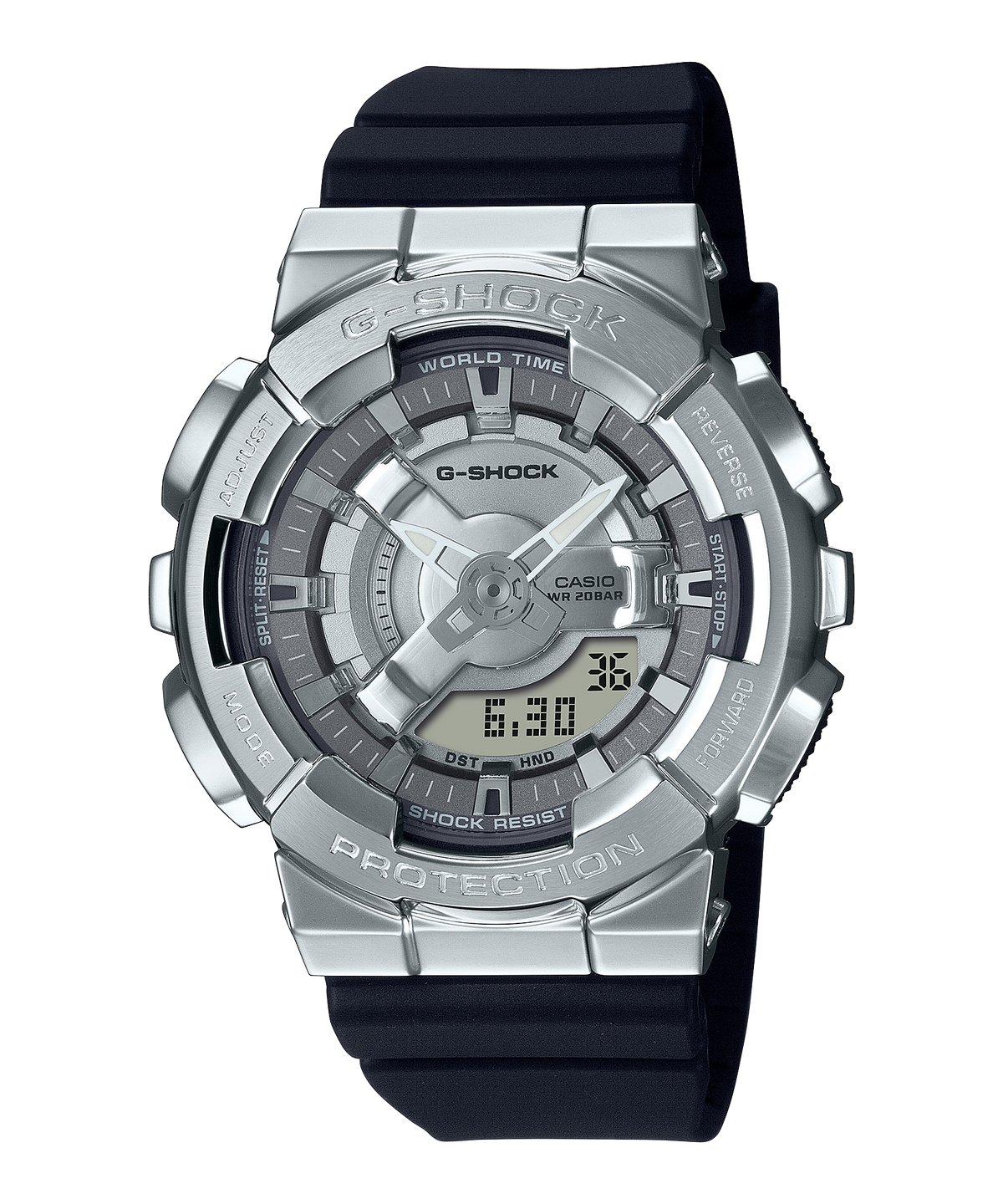 G-Shock wristwatch with a silver metallic case and black band.