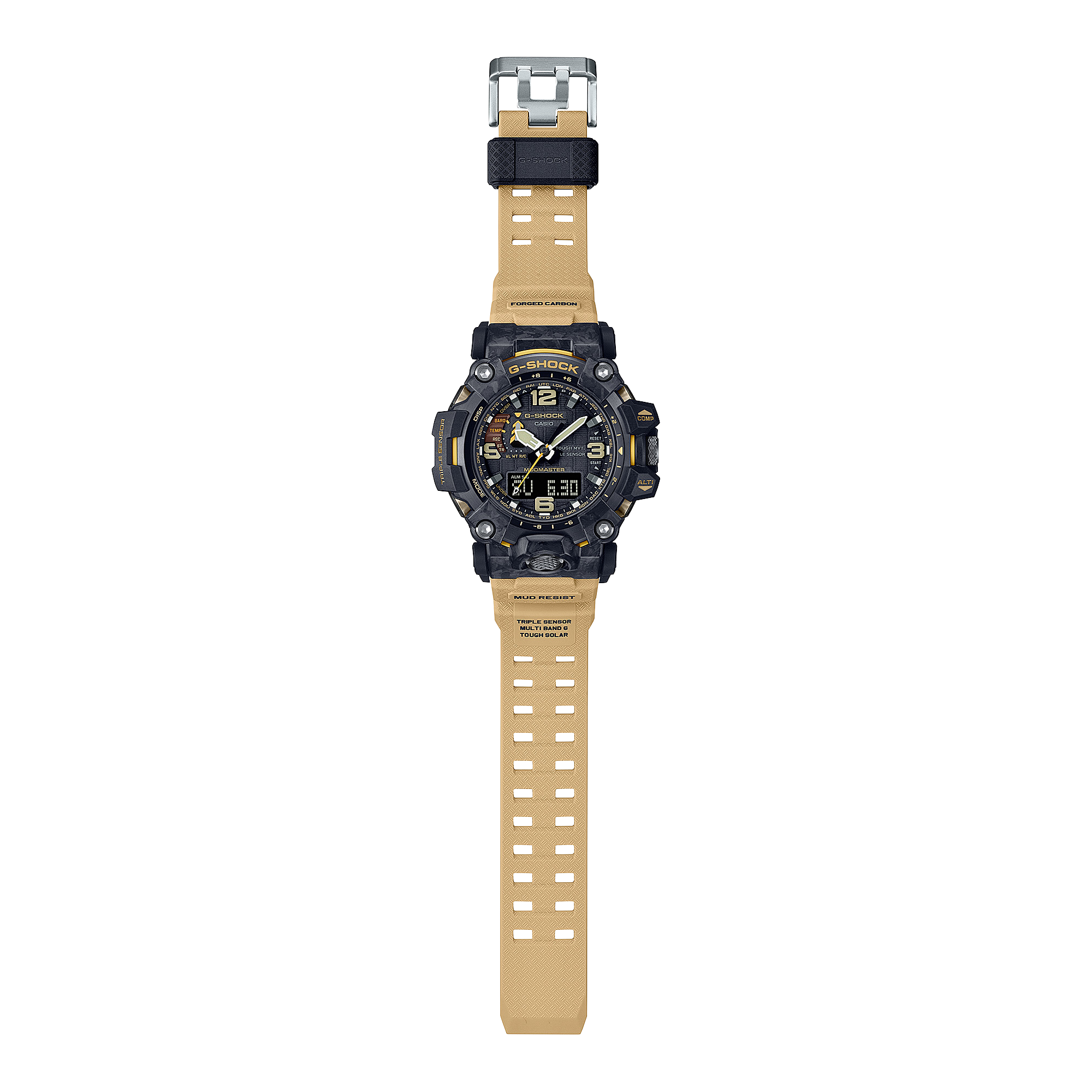 Rugged digital wristwatch with a black face and tan strap.