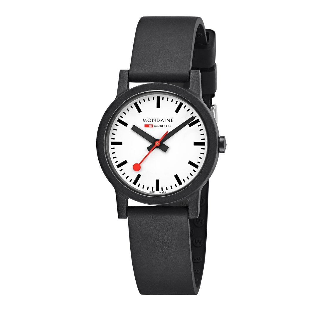 Mondaine wristwatch with a black band and white dial face.