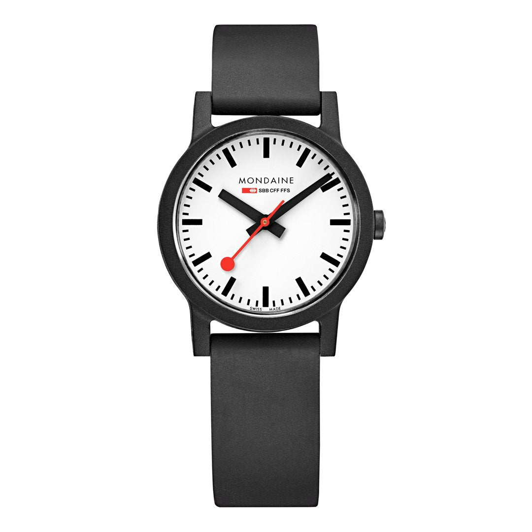 Sleek black wristwatch with a white dial and red second hand.