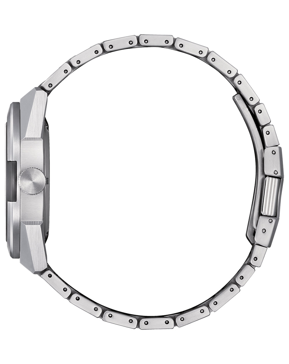 Stainless steel wristwatch with a metal link bracelet.