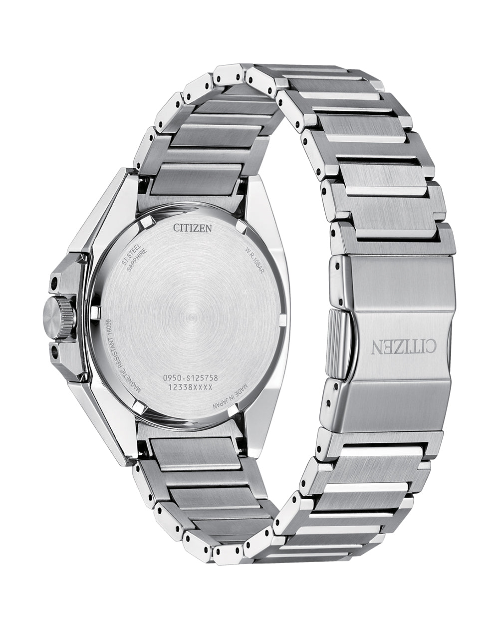 Silver metal wristwatch with a linked band.