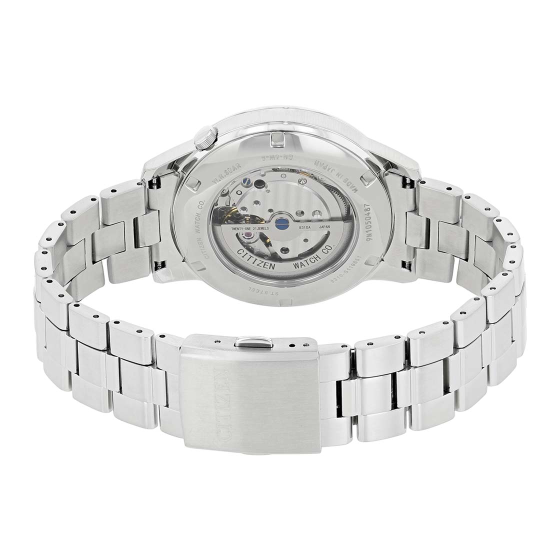 Stainless steel wristwatch with a visible automatic movement through the transparent case back.