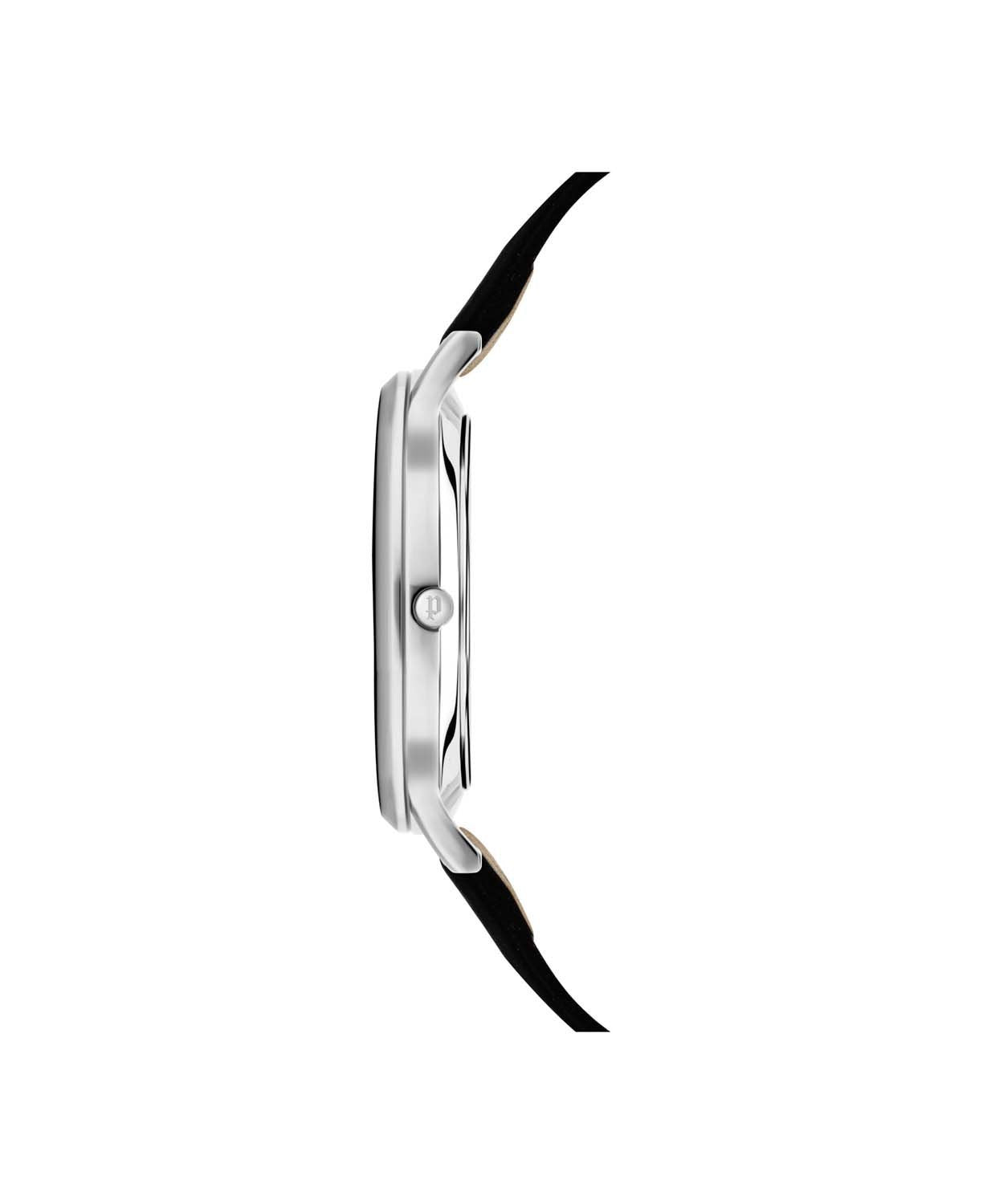 Sleek wristwatch with a silver case and black leather strap viewed from the side.