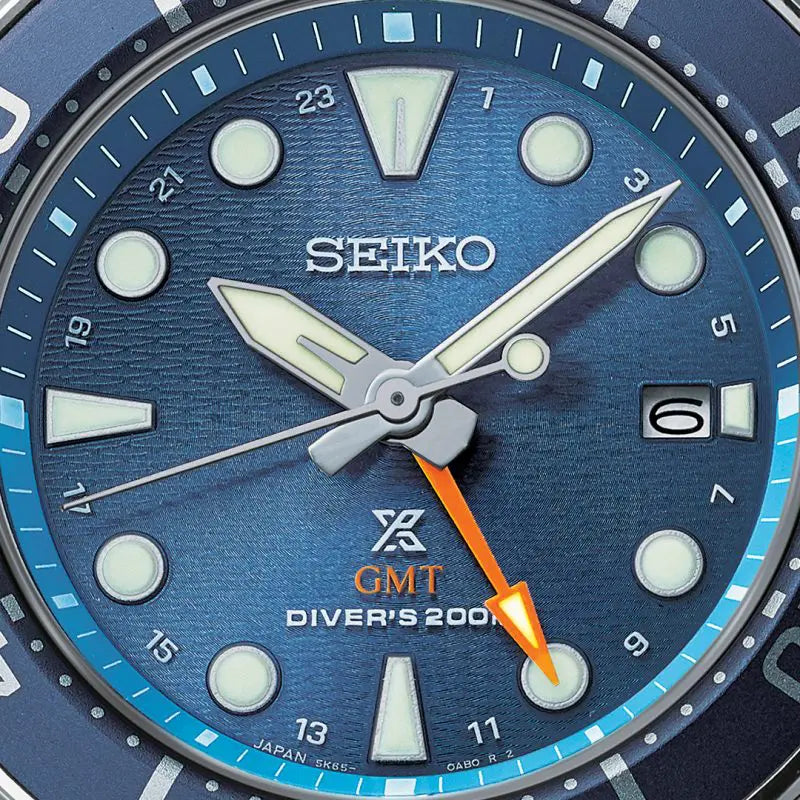 Seiko diver’s watch with a blue dial and GMT function.
