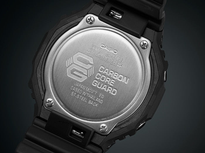 Back of a G-Shock watch displaying the Carbon Core Guard feature.