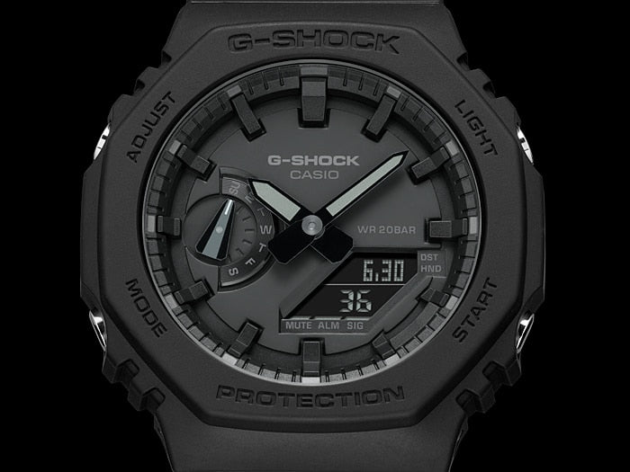 Rugged black G-Shock wristwatch with analog and digital displays.