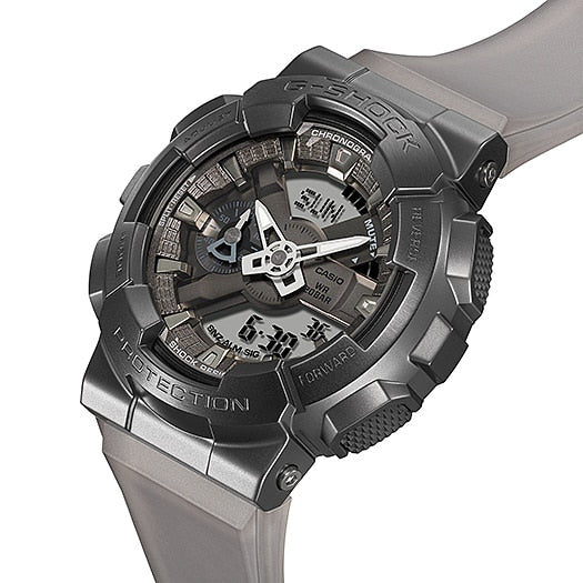 Rugged digital sports watch with a gray band and complex dial design.