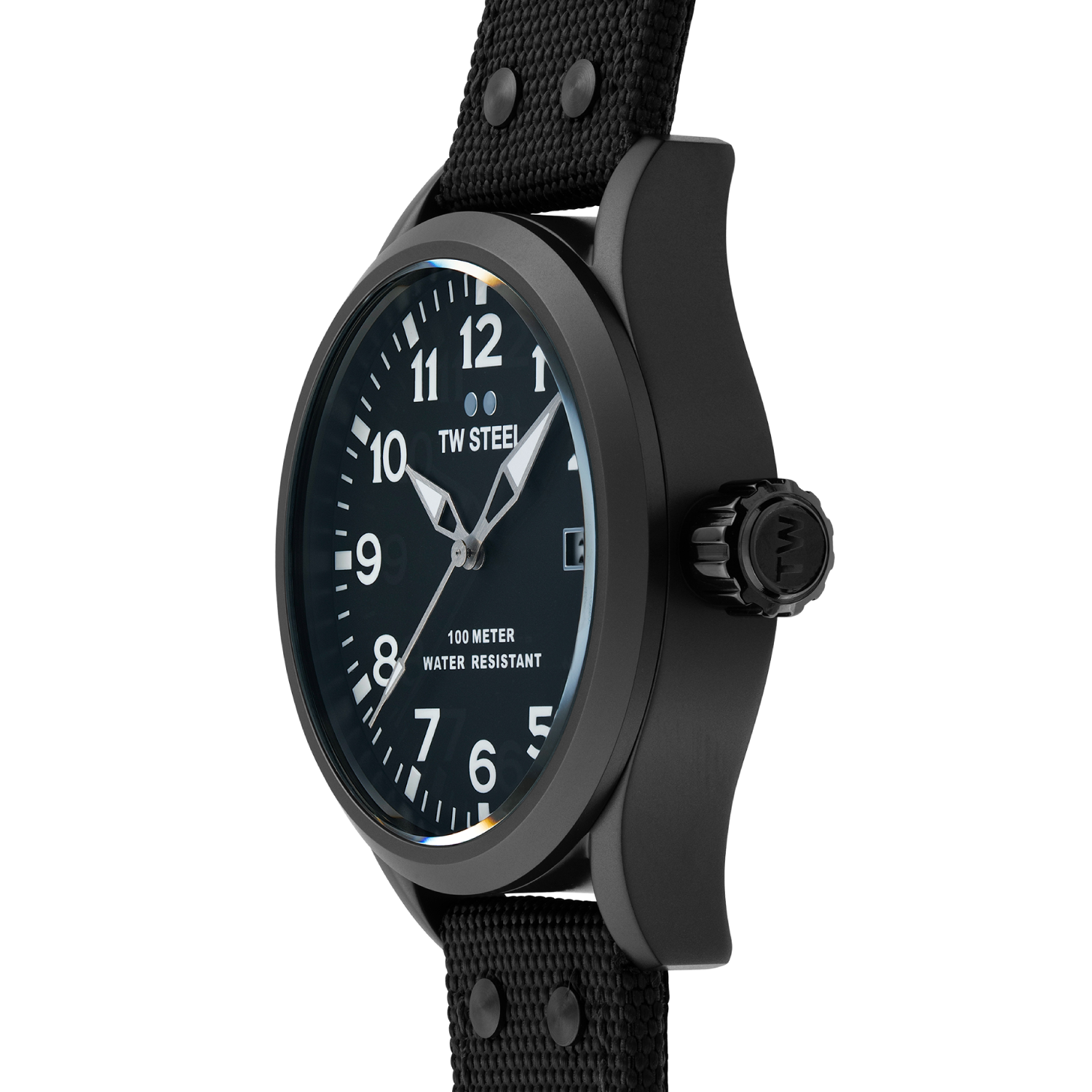 Black wristwatch with a round face and fabric strap.