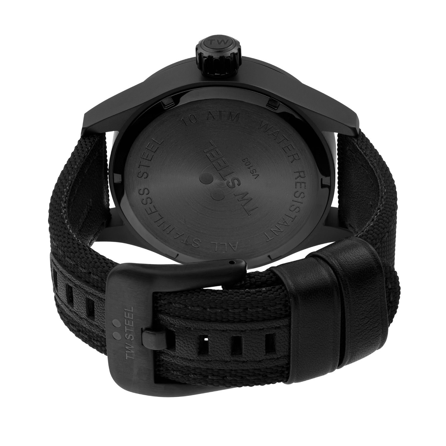 Black wristwatch with a textured strap and round face.