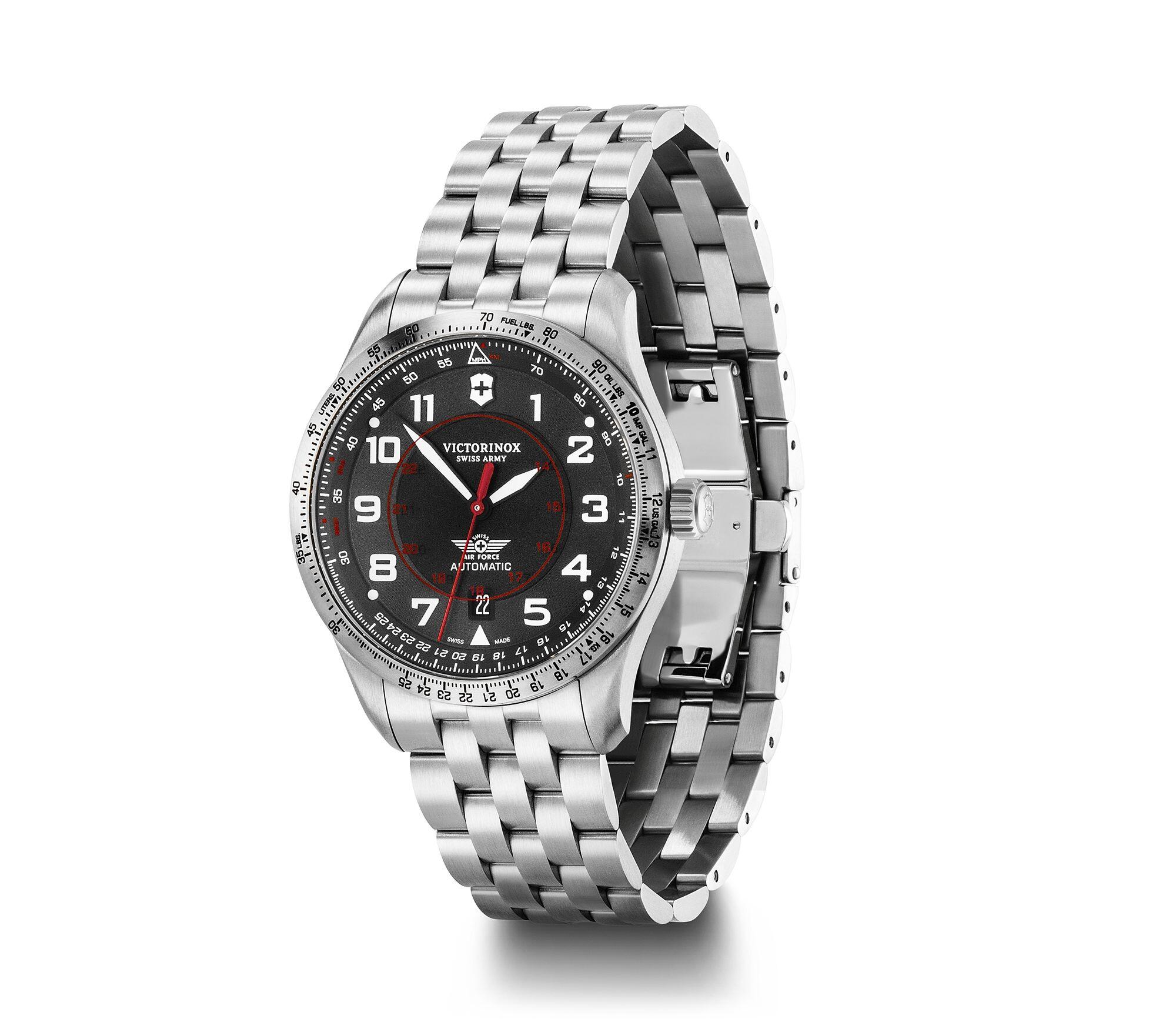 Stainless steel wristwatch with a black dial and silver metal bracelet.