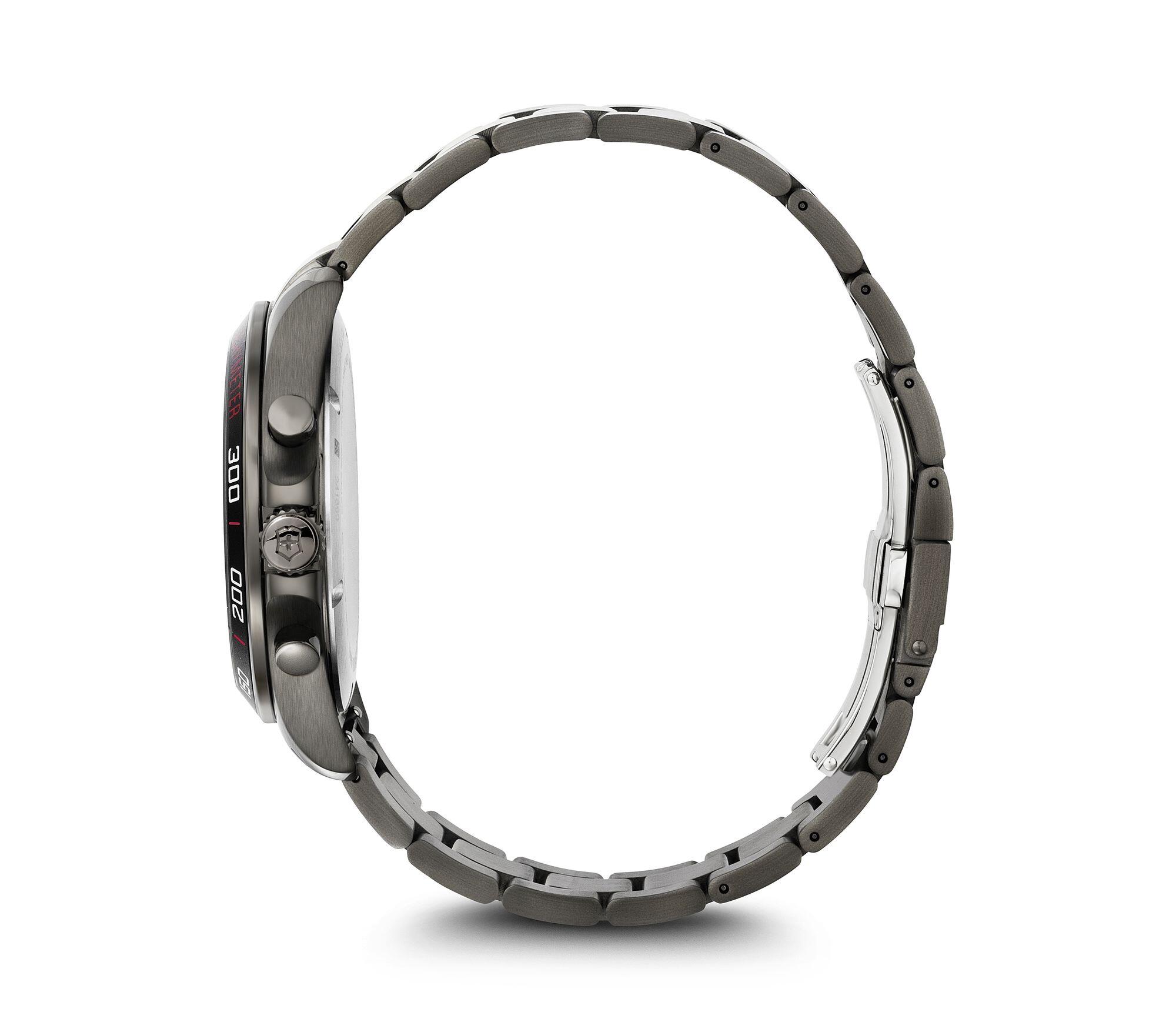 Sleek, dark gray metal wristwatch with a round face and linked bracelet band.