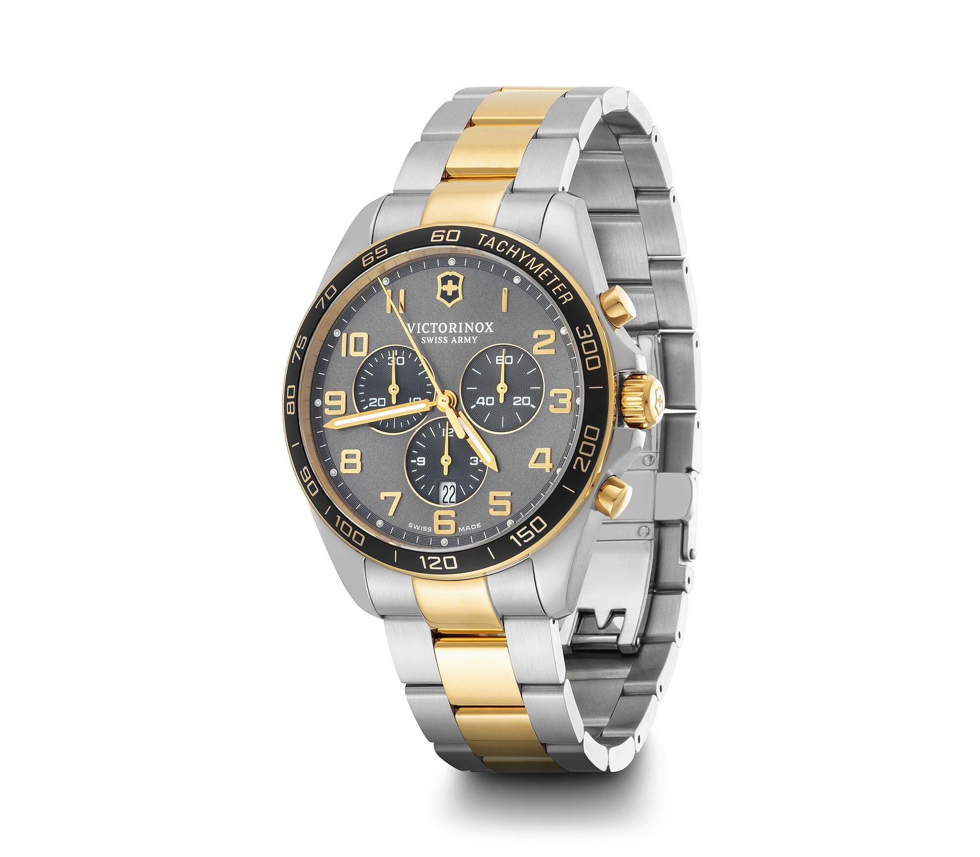 Luxury wristwatch with a two-tone metal band and gray dial featuring chronograph subdials.