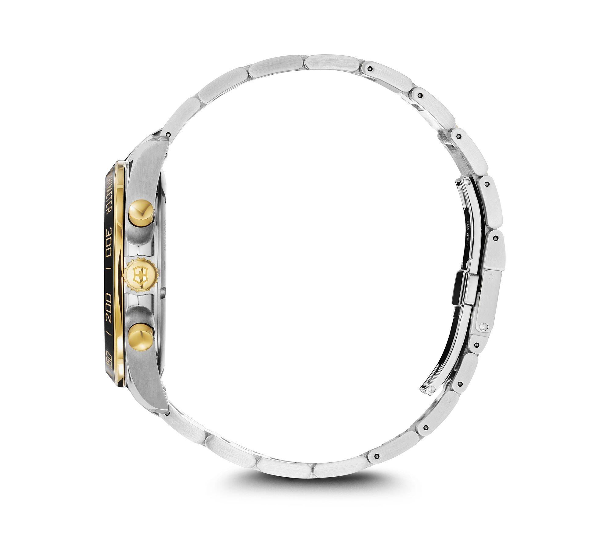 Stainless steel wristwatch with gold accents and a chronograph display.