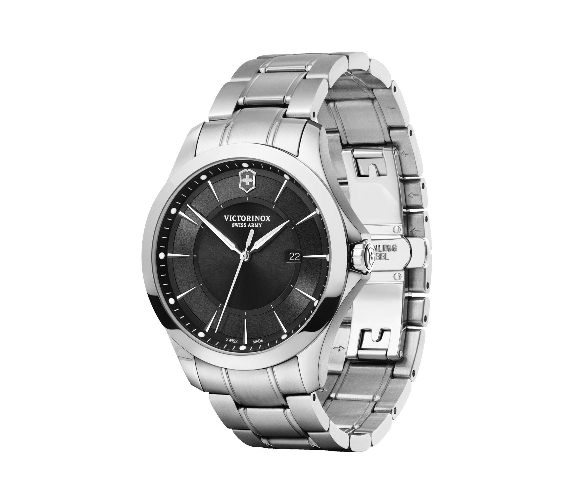 Stainless steel wristwatch with a black dial and silver metal bracelet.
