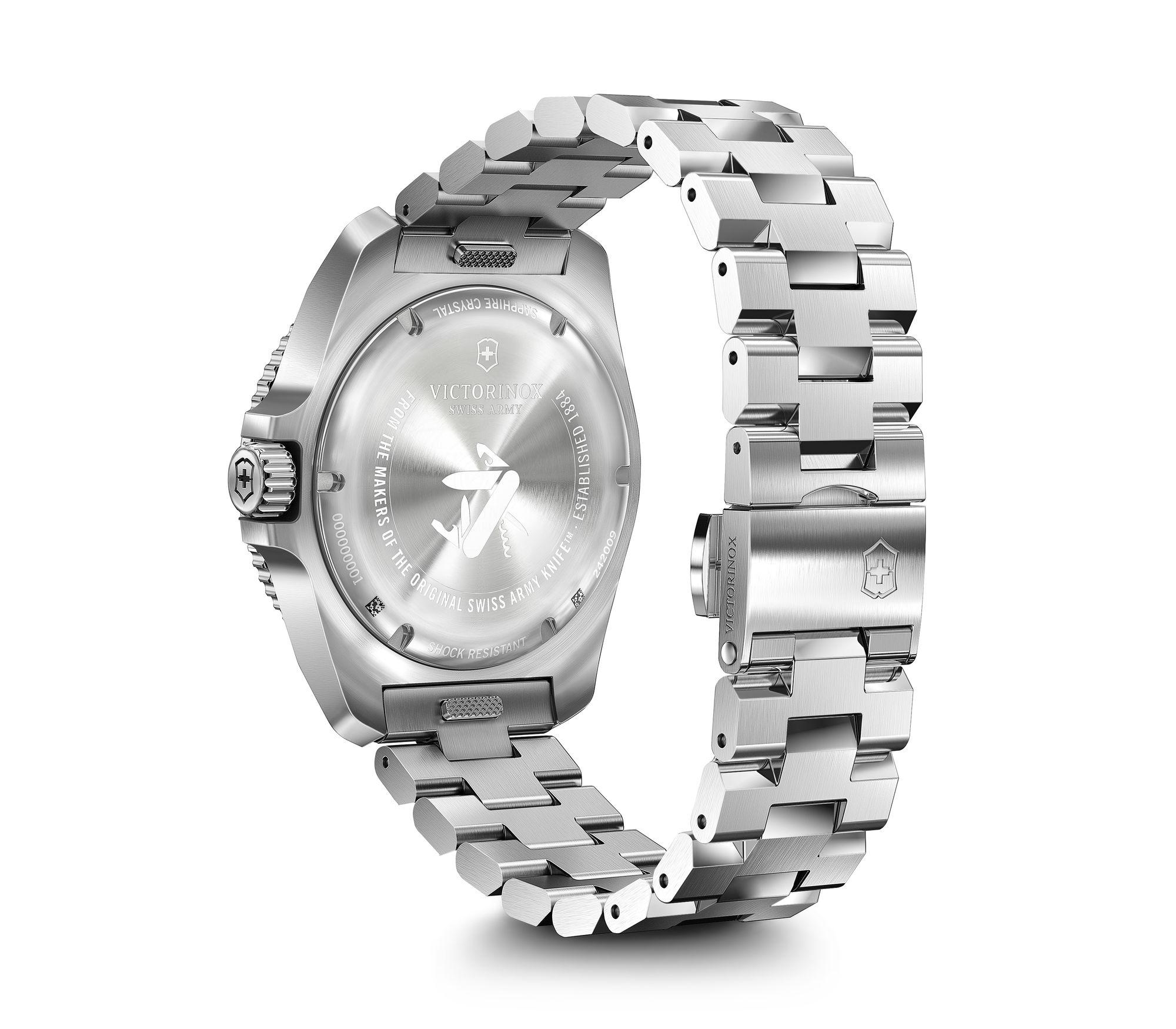 Silver wristwatch with a metal link bracelet.