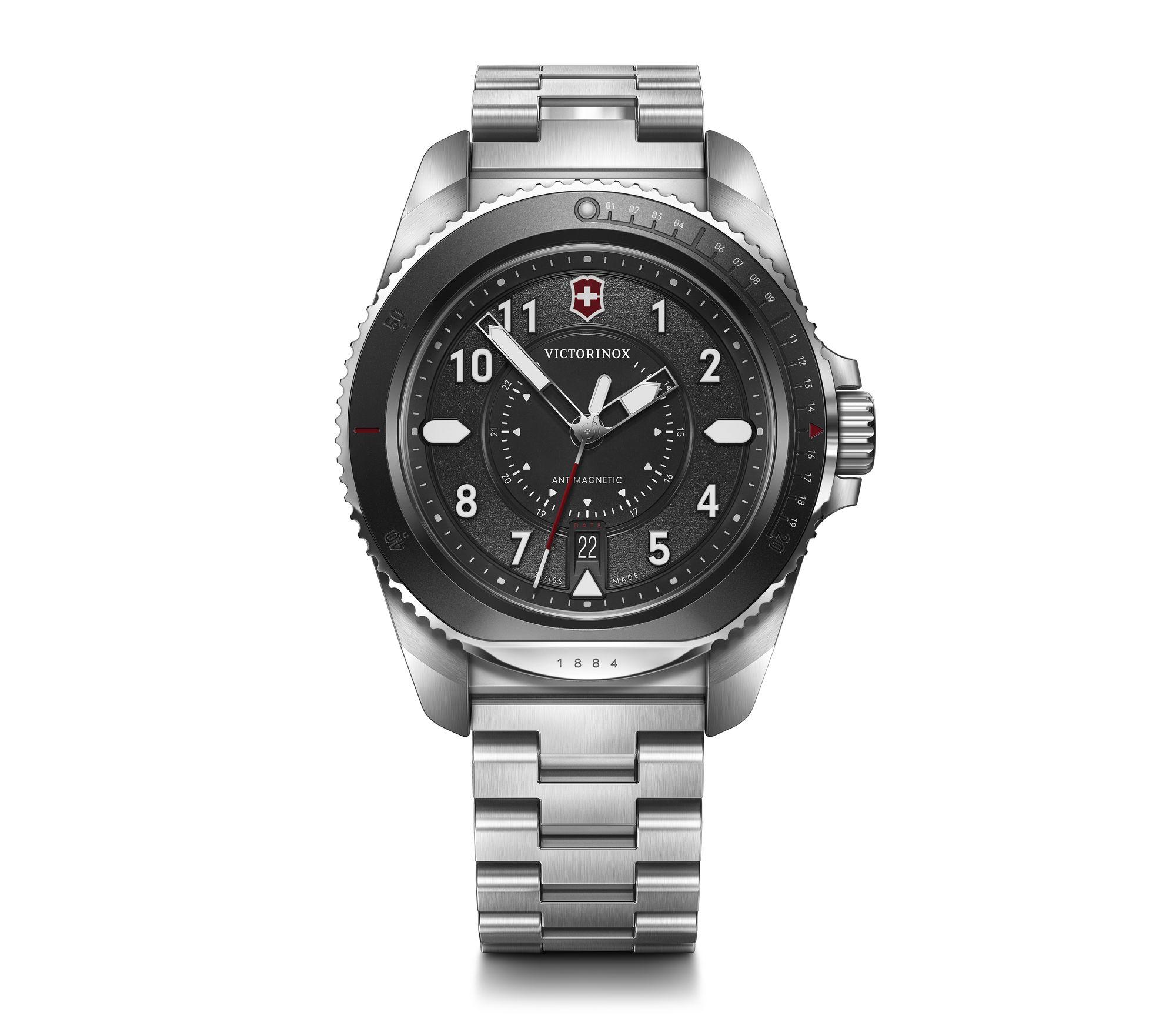 Stainless steel Swiss Army wristwatch with a black dial and rotating bezel.