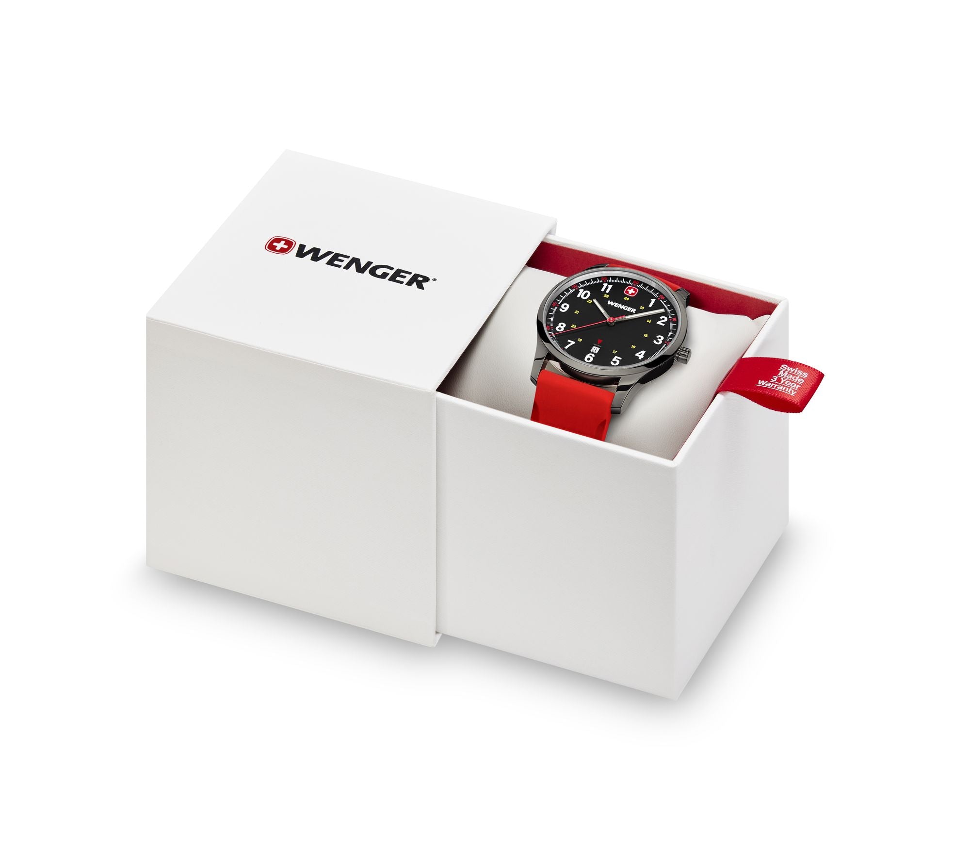 Wenger wristwatch with a red strap in its white presentation box.