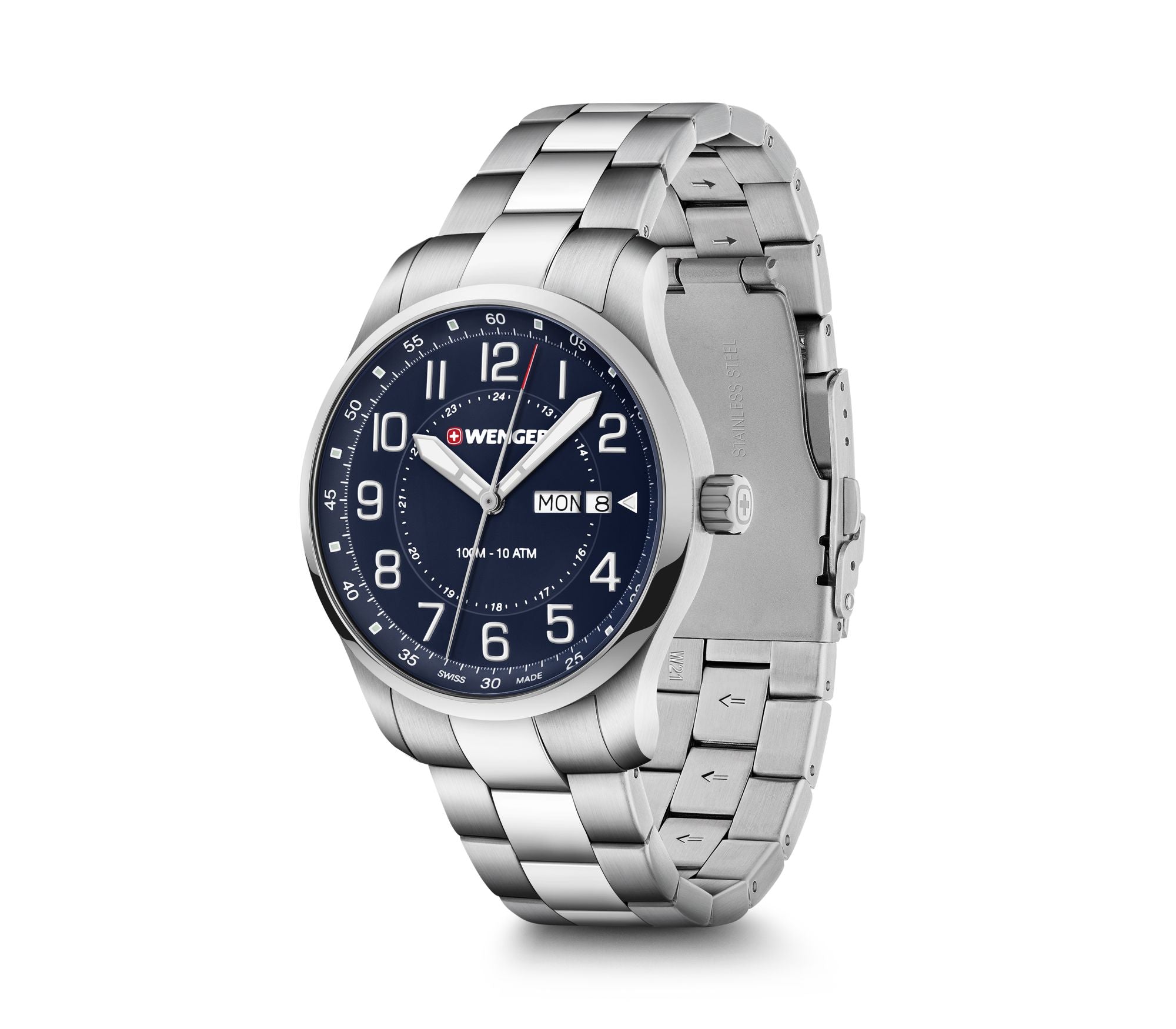 Silver wristwatch with a dark blue dial and metal bracelet.