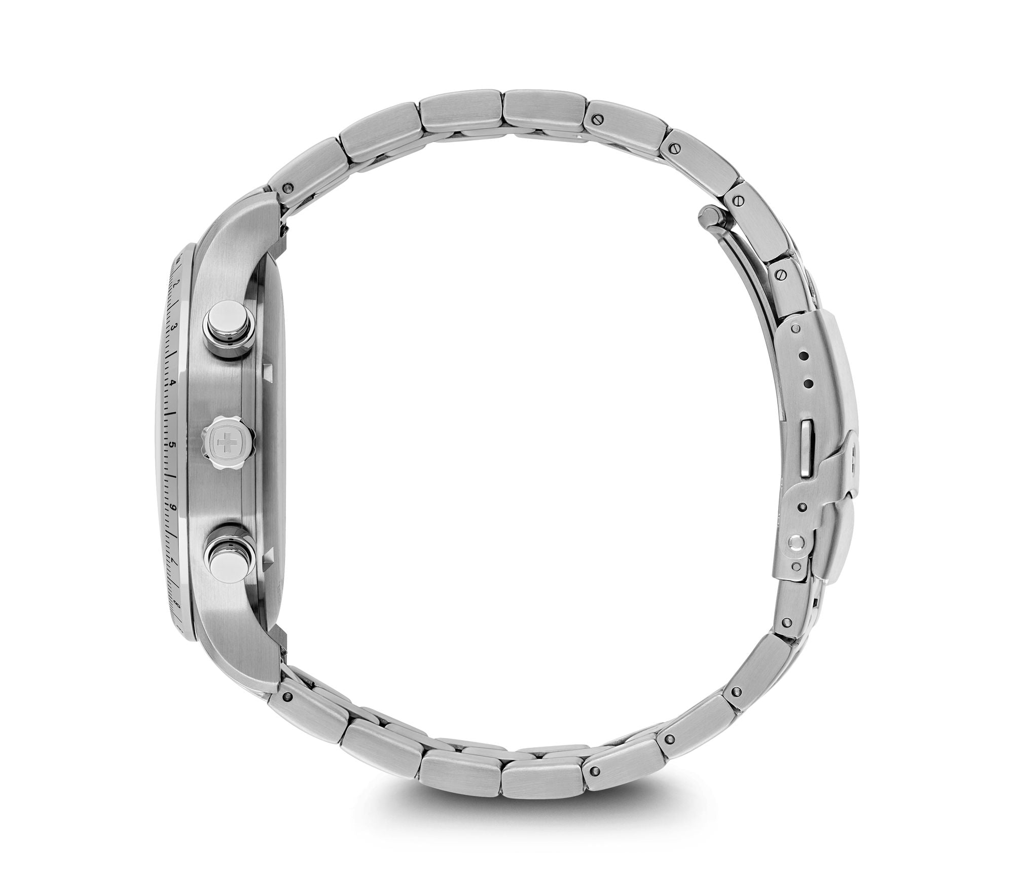 Silver metal wristwatch with a round face and linked bracelet band.