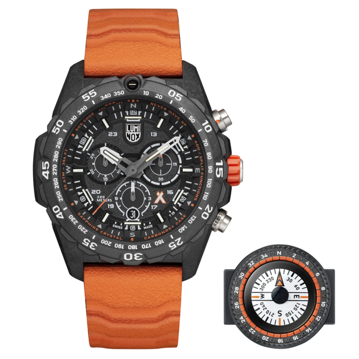 Sporty wristwatch with a black face and orange strap.