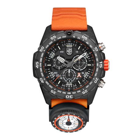 Wristwatch with a black face, orange strap, and built-in compass.