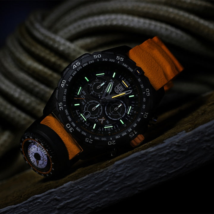 Rugged sports watch with a black face and orange strap.